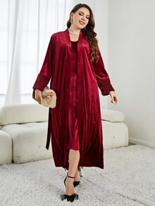 Modelyn Burgundy Red Plus Contrast Cuff Belted Flannelette Abaya - Burgundy - View 5