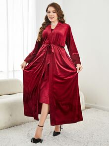 Modelyn Burgundy Red Plus Contrast Cuff Belted Flannelette Abaya - Burgundy - View 7