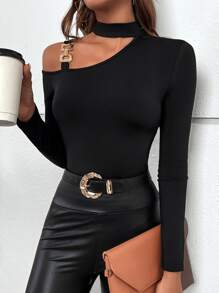 SHEIN Privé 鏈條細節不對稱領T恤 - 黑色 - 查看 6