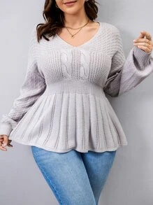 Calvaya 大碼荷葉擺麻花編織套頭毛衣 - 紫丁香色 - 查看 1