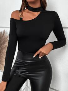 SHEIN Privé 鏈條細節不對稱領T恤 - 黑色 - 查看 1