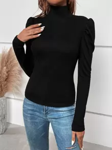 SHEIN Clasi Women's Solid Color Turtleneck Bubble Sleeve Fitted Casual T-Shirt - Black - View 5