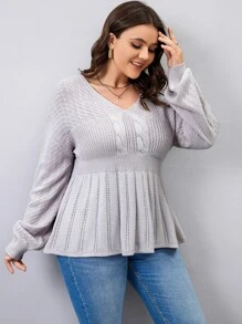 Calvaya 大碼荷葉擺麻花編織套頭毛衣 - 紫丁香色 - 查看 3