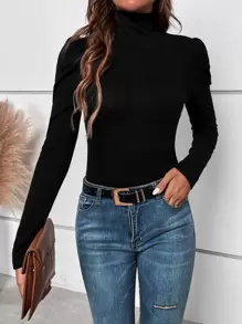 SHEIN Clasi Women's Solid Color Turtleneck Bubble Sleeve Fitted Casual T-Shirt - Black - View 2