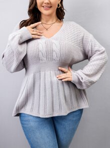 Calvaya 大碼荷葉擺麻花編織套頭毛衣 - 紫丁香色 - 查看 4