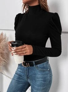 SHEIN Clasi Women's Solid Color Turtleneck Bubble Sleeve Fitted Casual T-Shirt - Black - View 6