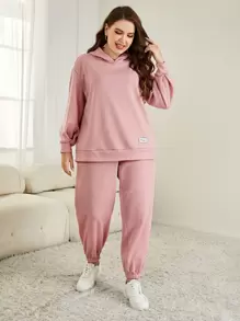 Mulvari Plus Letter Patched Drop Shoulder Hoodie & Joggers - Dusty Pink - View 5