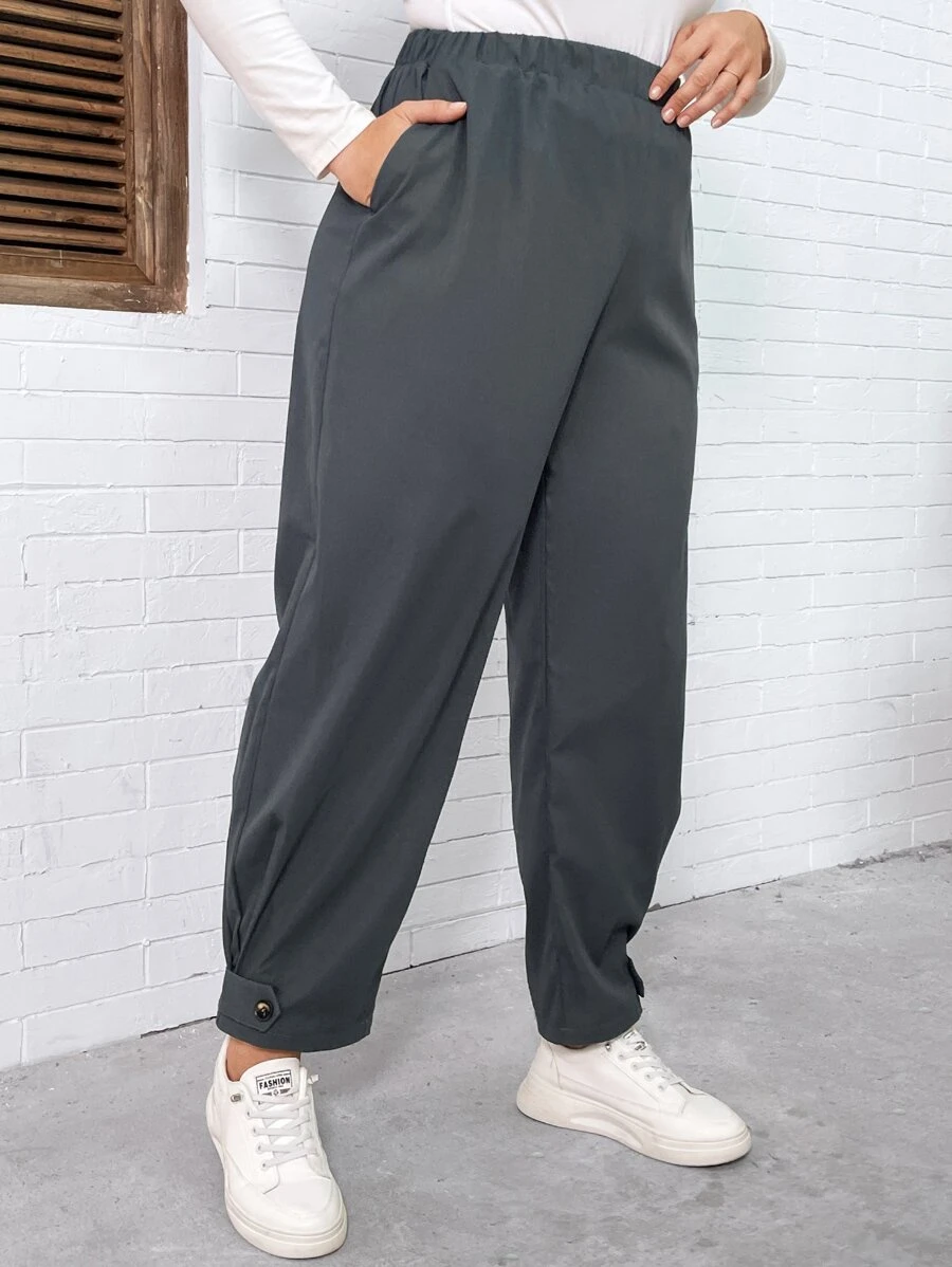 Flirla Plus Elastic Waist Slant Pocket Trousers - Dark Grey - View 1