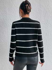 SHEIN Frenchy 秋冬条纹立领毛衣 - 黑色 - 查看 2