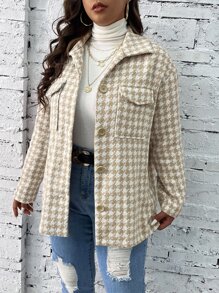 SHEIN LUNE Plus Houndstooth Print Drop Shoulder Flap Pocket Coat - Apricot - View 3