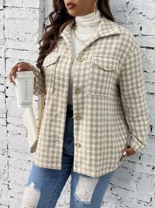 SHEIN LUNE Plus Houndstooth Print Drop Shoulder Flap Pocket Coat - Apricot - View 4