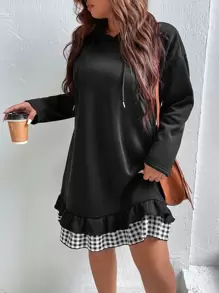 SHEIN LUNE Plus Gingham Print Drop Shoulder Ruffle Hem Drawstring Hoodie Dress - Black - View 1