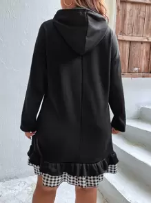 SHEIN LUNE Plus Gingham Print Drop Shoulder Ruffle Hem Drawstring Hoodie Dress - Black - View 2