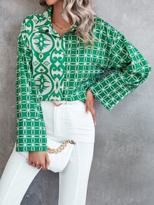 Geo Print Drop Shoulder Shirt - Green - View 5