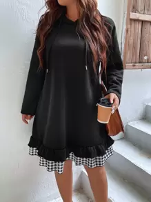SHEIN LUNE Plus Gingham Print Drop Shoulder Ruffle Hem Drawstring Hoodie Dress - Black - View 8