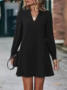 SHEIN Frenchy Solid Color Elegant V-Neck Loose Long Sleeve Dress Winter Black Black Spring - Black - View 2