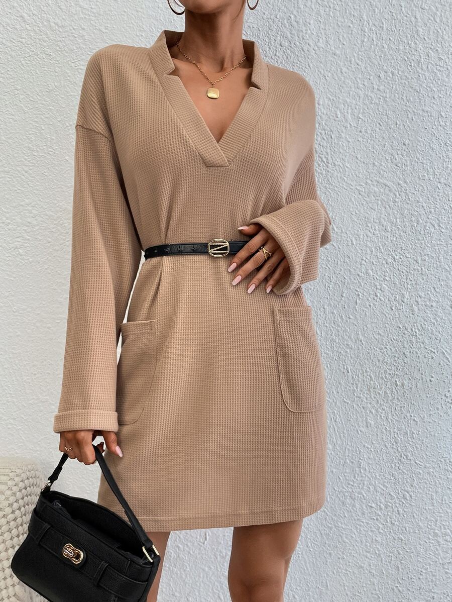 SHEIN Frenchy Solid Drop Shoulder Tee Dress Without Belt - Camel - View 1