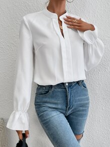 Firerie Flounce Sleeve Notched Neck Bodysuit - White - View 4