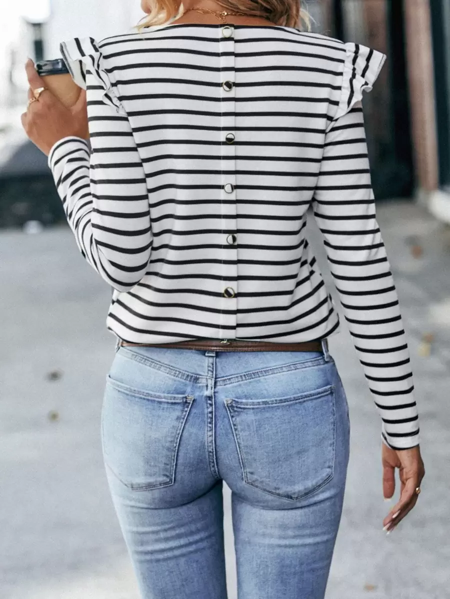 SHEIN Frenchy Striped Button Back Ruffle Trim Button Tee Winter White Casual White Spring - White - View 1