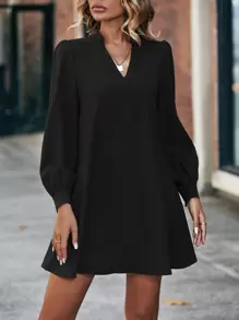 SHEIN Frenchy Solid Color Elegant V-Neck Loose Long Sleeve Dress Winter Black Black Spring - Black - View 5