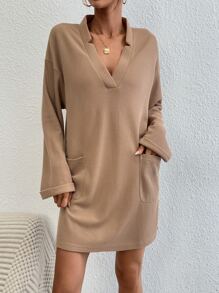 SHEIN Frenchy Solid Drop Shoulder Tee Dress Without Belt - Camel - View 5