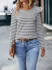 SHEIN Frenchy Striped Button Back Ruffle Trim Button Tee Winter White Casual White Spring - White - View 2