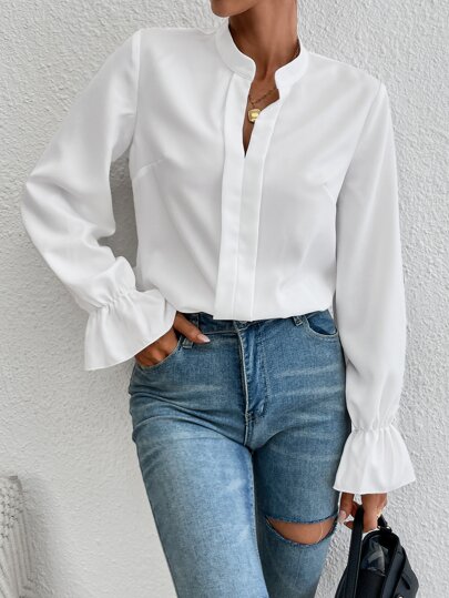 Flounce Sleeve Notched Neck Bodysuit