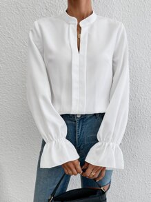 Firerie Flounce Sleeve Notched Neck Bodysuit - White - View 5