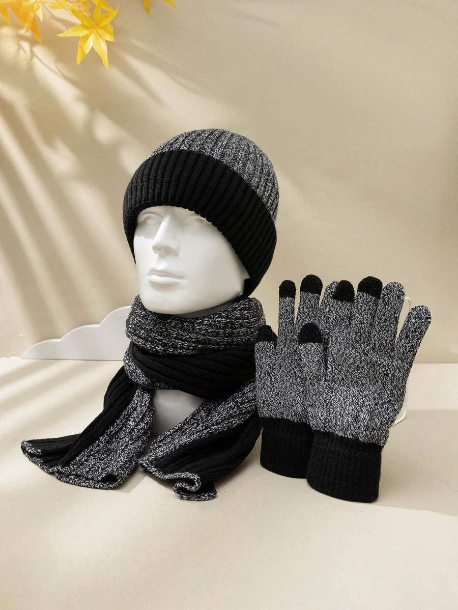 3pcs Unisex Beanie Hat Set, Including A Y2k Style Men's Color Block Winter Hat With Lining, A Scarf And A Pair Of Gloves For Outdoor Activities - Multicolor - View 1