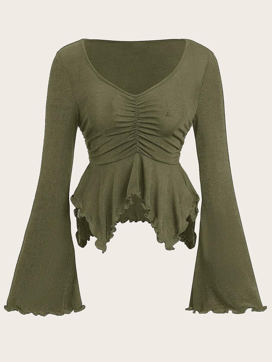 SHEIN ICON Flounce Sleeve Ruched Lettuce Trim Tee - Army Green - View 1