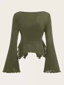 SHEIN ICON Flounce Sleeve Ruched Lettuce Trim Tee - Army Green - View 2