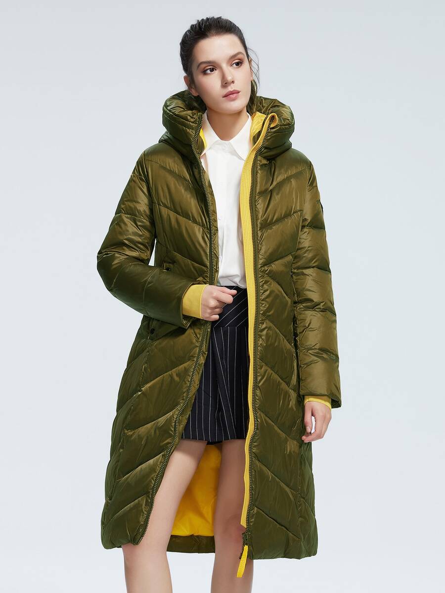 Zip Up Hooded Puffer Padded Coat - Olive Green - View 1