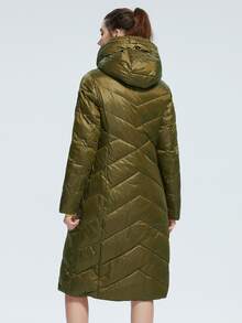 Zip Up Hooded Puffer Padded Coat - Olive Green - View 2