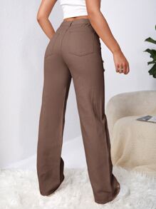 SHEIN EZwear Quần jean nữ Nút Túi Bị tách Dây kéo Denim mùa giặt Loại bướm - Màu nâu  Mocha - Xem 2