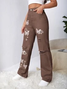 SHEIN EZwear Quần jean nữ Nút Túi Bị tách Dây kéo Denim mùa giặt Loại bướm - Màu nâu  Mocha - Xem 3