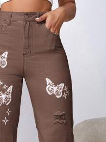SHEIN EZwear Quần jean nữ Nút Túi Bị tách Dây kéo Denim mùa giặt Loại bướm - Màu nâu  Mocha - Xem 4