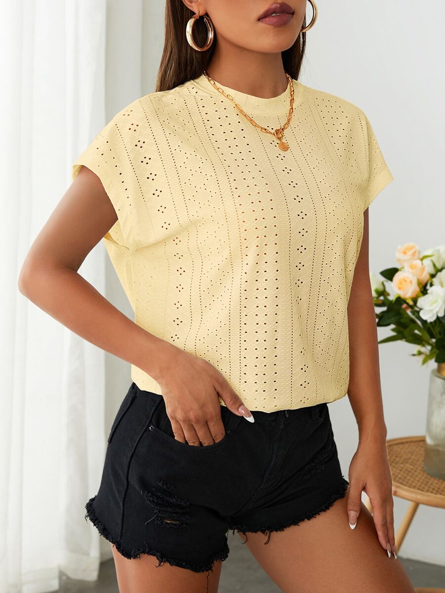 SHEIN Essnce 蝙蝠袖網眼刺繡T恤 - 黃色 - 查看 1
