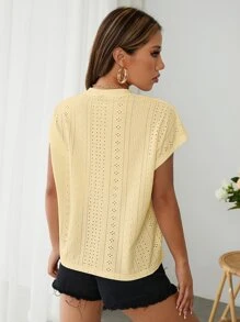 SHEIN Essnce 蝙蝠袖網眼刺繡T恤 - 黃色 - 查看 2