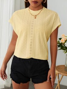 SHEIN Essnce 蝙蝠袖網眼刺繡T恤 - 黃色 - 查看 3