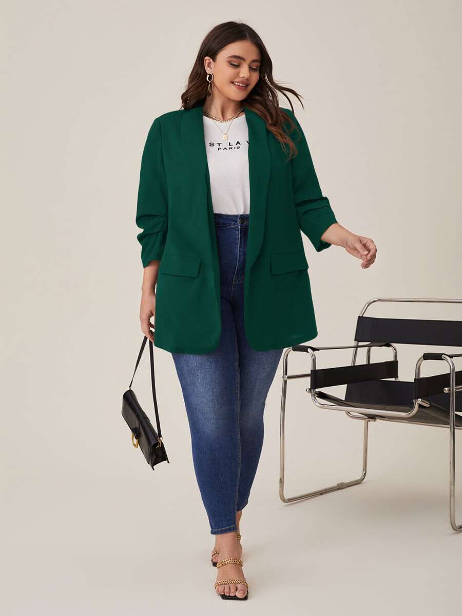 SHEIN LUNE Plus Shawl Collar Ruched Sleeve Blazer In Fall/Winter - Dark Green - View 1
