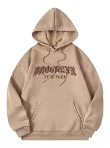 SHEIN EZwear Letter Graphic Kangaroo Pocket Drawstring Thermal Hoodie - Mocha Brown - View 1