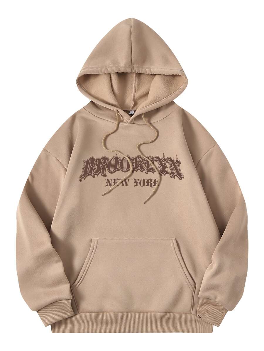 SHEIN EZwear Letter Graphic Kangaroo Pocket Drawstring Thermal Hoodie - Mocha Brown - View 1