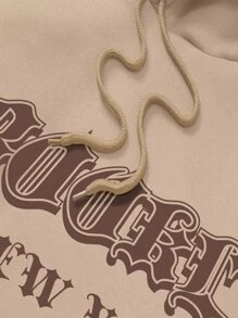 SHEIN EZwear Letter Graphic Kangaroo Pocket Drawstring Thermal Hoodie - Mocha Brown - View 4