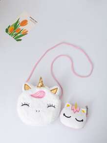 女孩毛茸茸卡通設計斜挎包帶零錢包