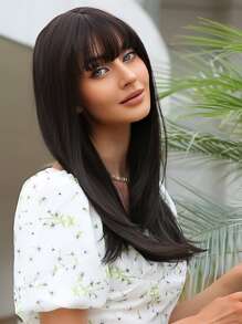 Tóc giả tổng hợp dài thẳng có tóc mái - màu nâu - Xem 3