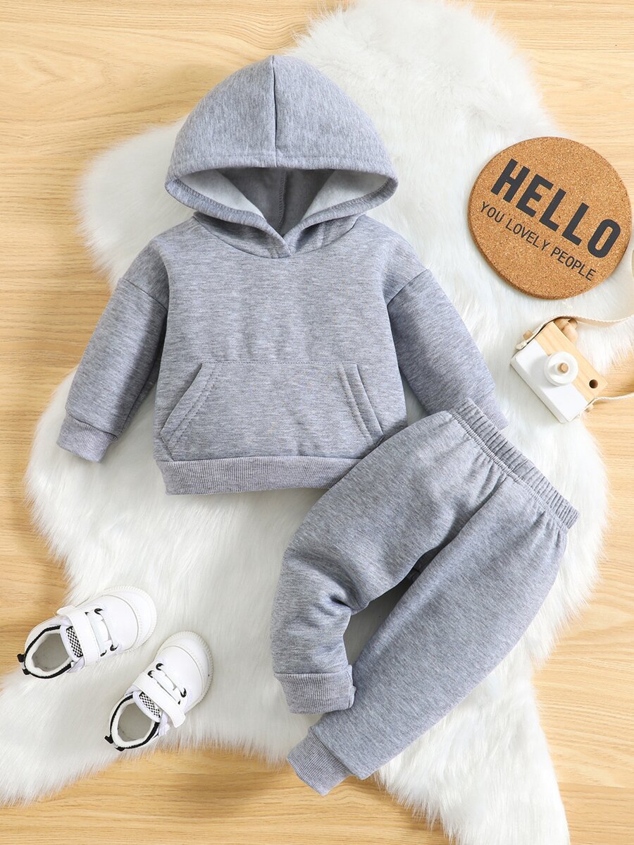 Baby Kangaroo Pocket Hoodie & Sweatpants - Light Grey - View 1