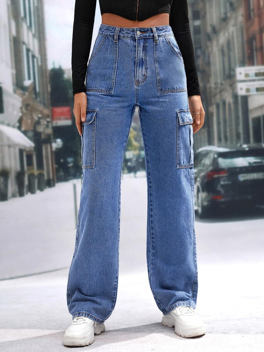 SHEIN Tall High Waist Flap Pocket Cargo Jeans - Medium Wash - View 1