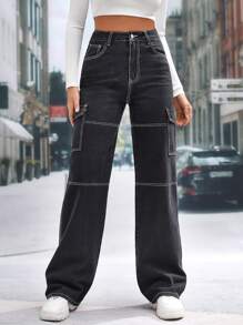 SHEIN Tall 高腰翻蓋口袋包縫牛仔褲 - 黑色 - 查看 1