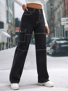 SHEIN Tall 高腰翻蓋口袋包縫牛仔褲 - 黑色 - 查看 3