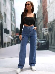 SHEIN Tall High Waist Flap Pocket Cargo Jeans - Medium Wash - View 3